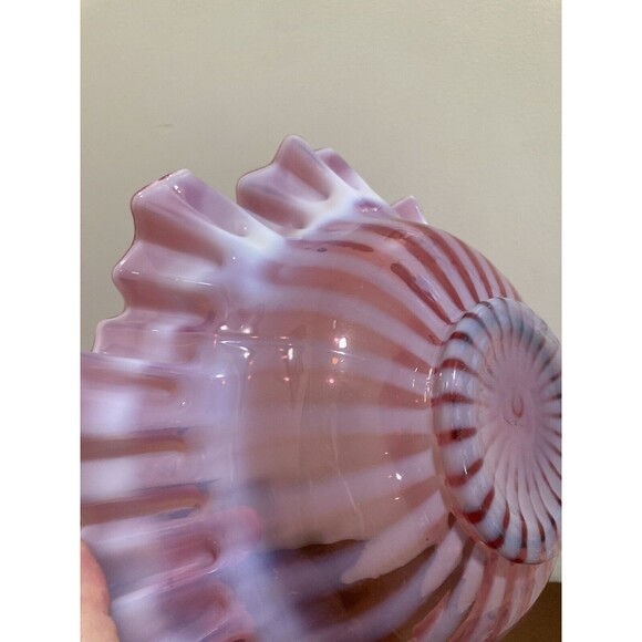 FENTON Cranberry Opalescent Striped Rose Overlay Ruffled Art Brides Bowl - Picture 14 of 16